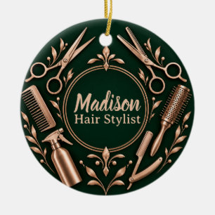 Personalised Hair Stylist Emerald Rose Gold Ceramic Ornament