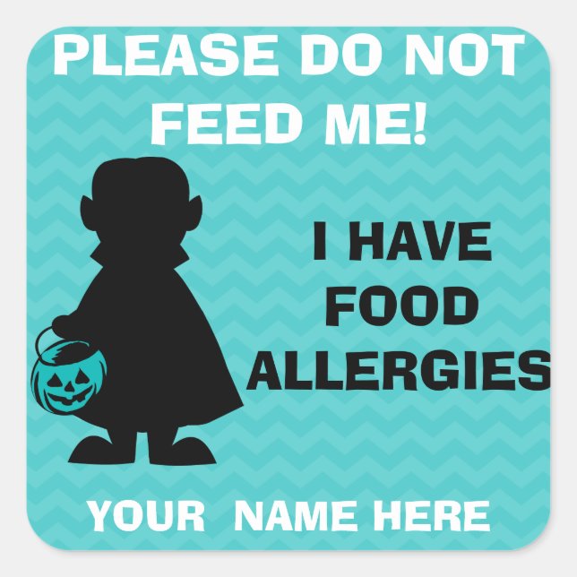 Personalised Halloween Allergy Alert Vampire Teal Square Sticker (Front)