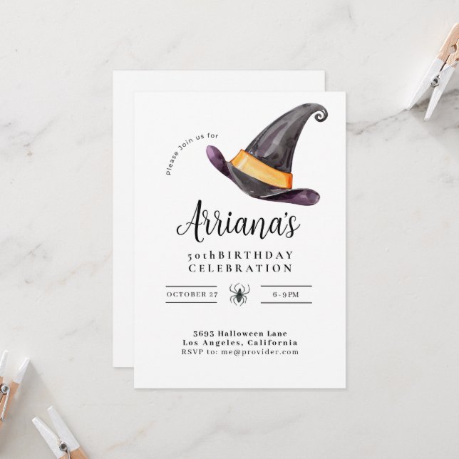 Personalised Halloween Birthday Party Witch Modern Invitation (Front/Back In Situ)
