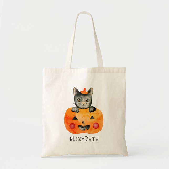 Personalised Halloween Black Cat and Pumpkin Tote Bag (Front)