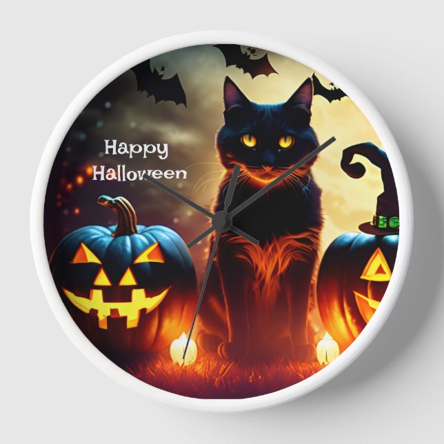 Personalised Halloween Black Cat Wall Clock (Front)