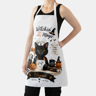 Personalised Halloween Cat Chef Apron Custom Name