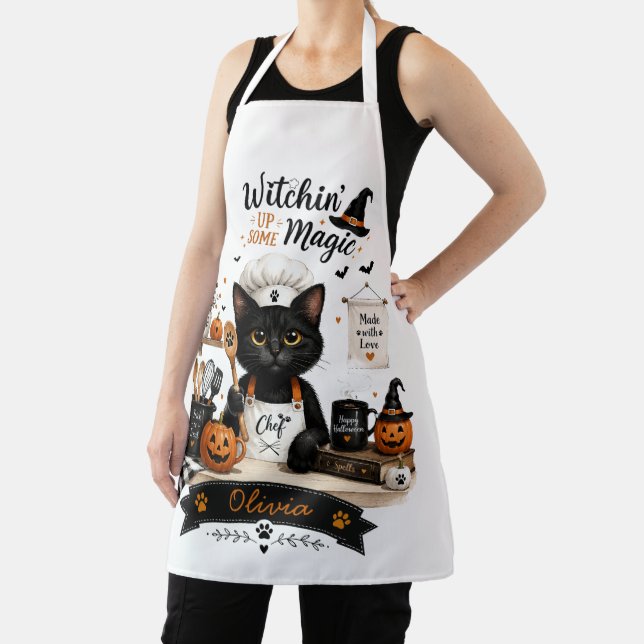Personalised Halloween Cat Chef Apron Custom Name  (Insitu)