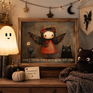 Personalised Halloween Fairy and Cats Wall Art