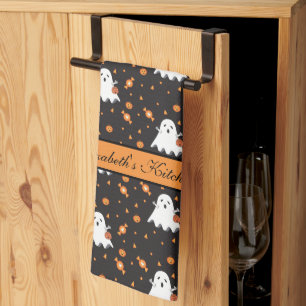 Personalised Halloween Ghost Pattern Black Tea Towel