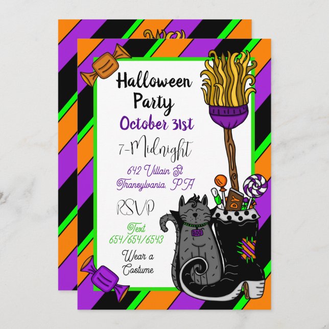 Personalised Halloween Invites | Witch and Cat (Front/Back)