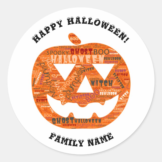 Personalised Halloween Jack-o'-Lantern Word Cloud Classic Round Sticker (Front)