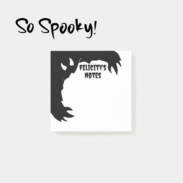 Personalised Halloween Notepad Funny Monster       (Personalized Halloween notepad with a cartoon of a funny black hairy monster reaching for the notes.)