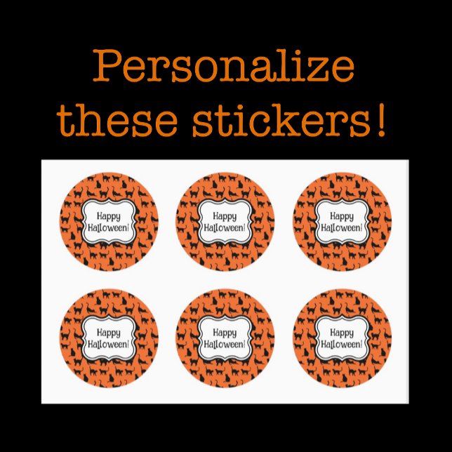 Personalised Halloween Party Orange Black Cat Classic Round Sticker (Personalize it!)