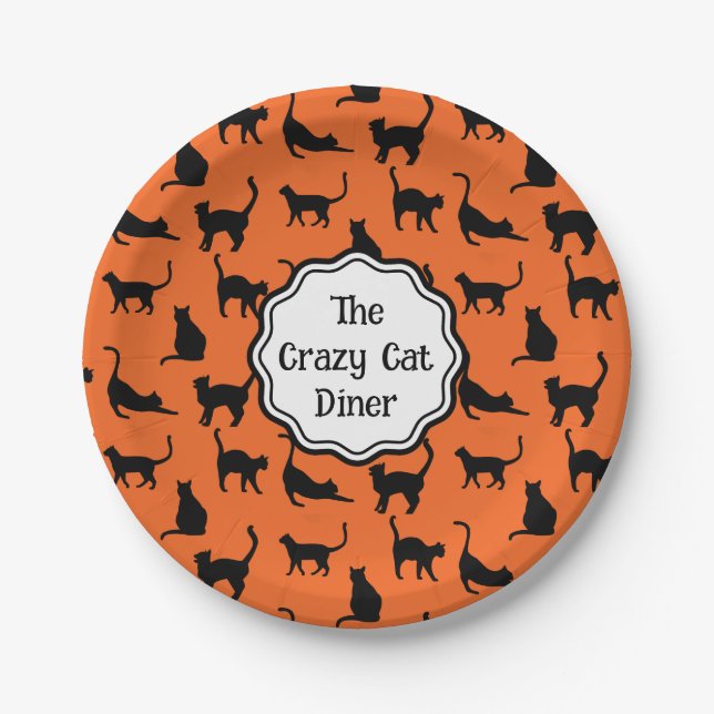 Personalised Halloween Party Orange Black Cat Paper Plate (Front)