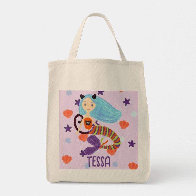 Personalised Halloween Pastel Mermaid Cat Tote Bag (Back)