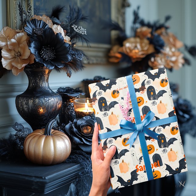 Personalised Halloween Pumpkin & Bat Pattern Wrapping Paper (Creator Uploaded)