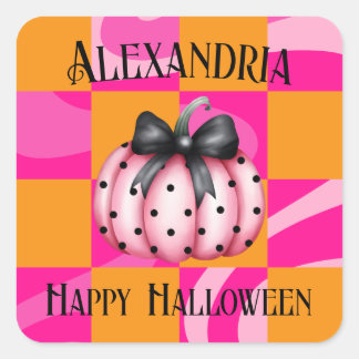 Personalised Halloween Pumpkin Bow Party Square Sticker