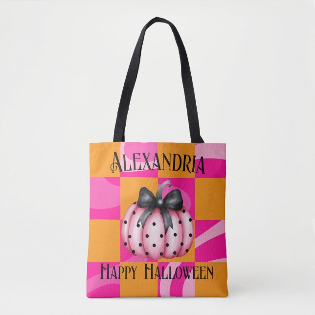 Personalised Halloween Pumpkin Bow Pink Orange Tote Bag (Front)