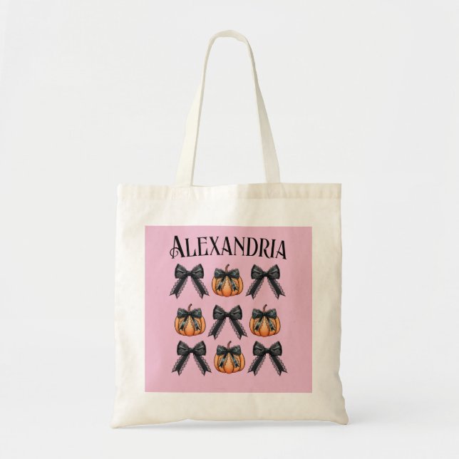Personalised Halloween Pumpkin Bow Pink Tote Bag (Front)