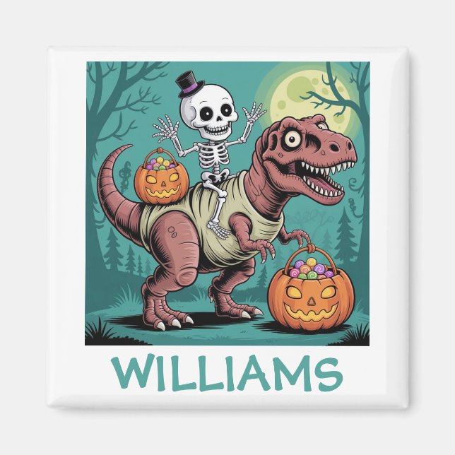 Personalised Halloween Skeleton Riding Dinosaur Magnet (Front)