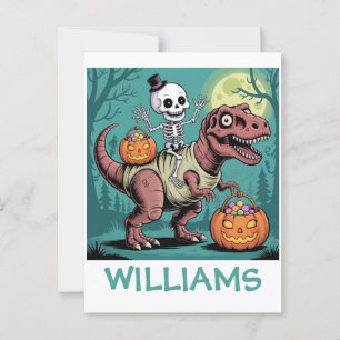 Personalised Halloween Skeleton Riding Dinosaur Postcard
