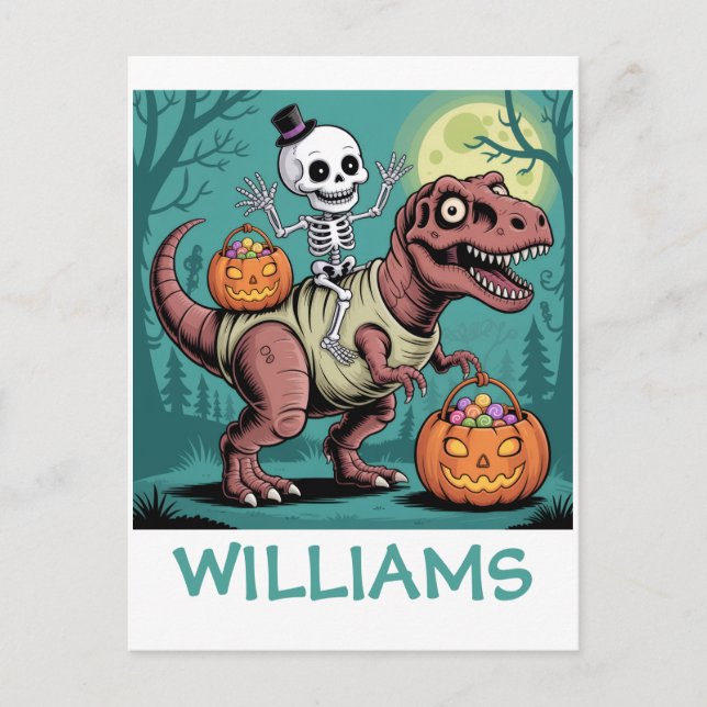 Personalised Halloween Skeleton Riding Dinosaur Postcard (Front)