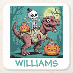 Personalised Halloween Skeleton Riding Dinosaur Square Paper Coaster