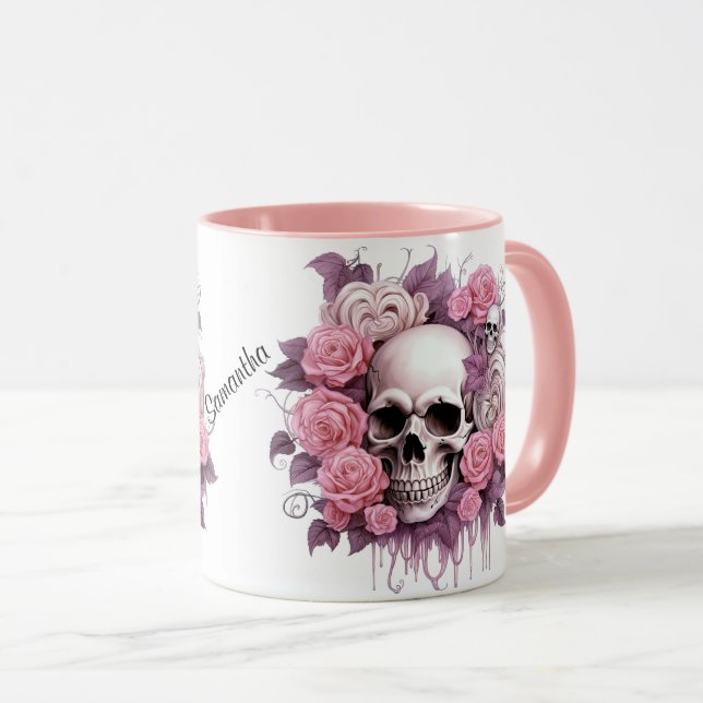 Personalised Halloween Skull and Roses Mug (Front Right)