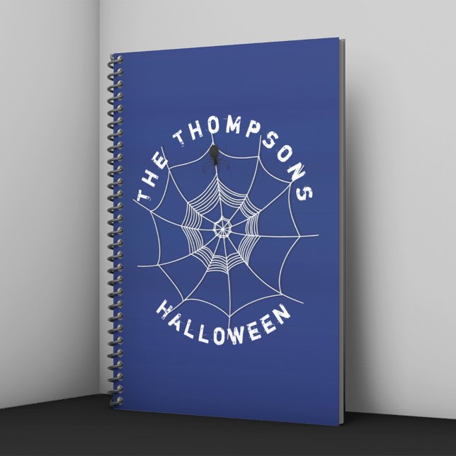 Personalised Halloween Spider Web Notebook (Blue Halloween notebook with spider web and spider design personalized with name.)