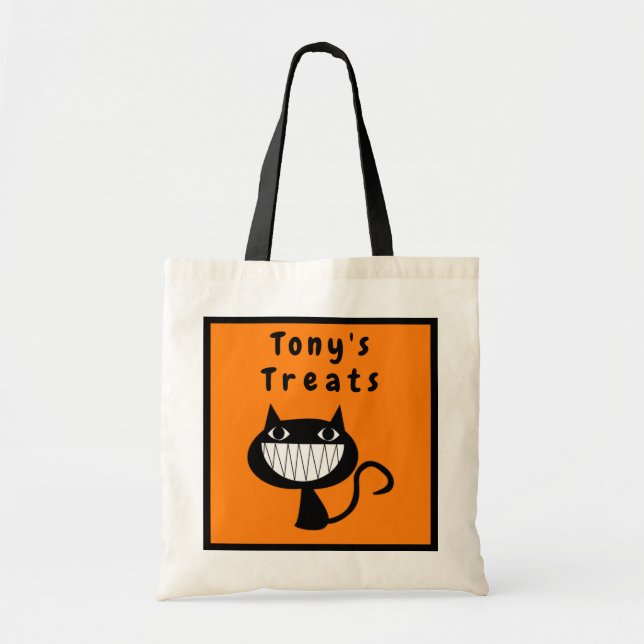 Personalised Halloween Treats Smiling Black Cat Tote Bag (Front)