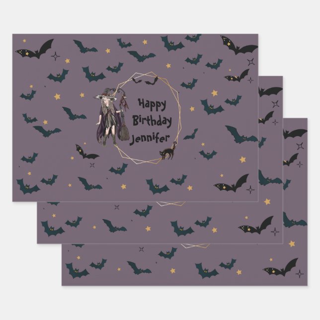 Personalised Halloween Witch/Bats Pattern Wrapping Wrapping Paper Sheet (Set)