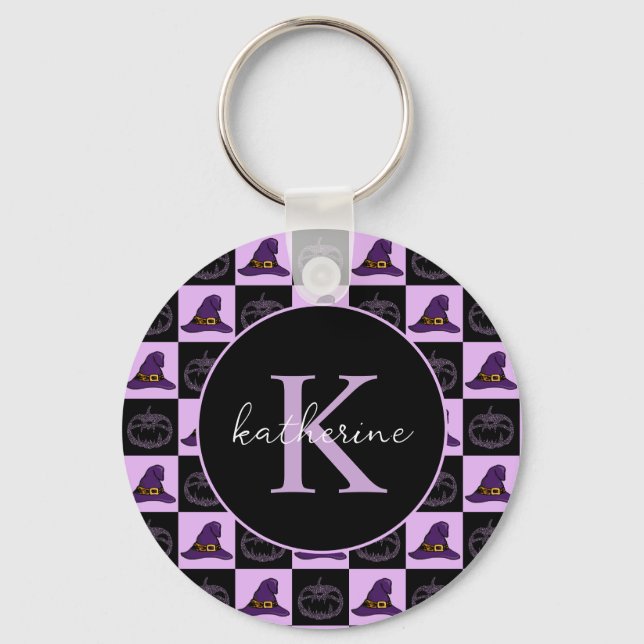 Personalised Halloween Witch Hat Spooky Pattern Key Ring (Front)