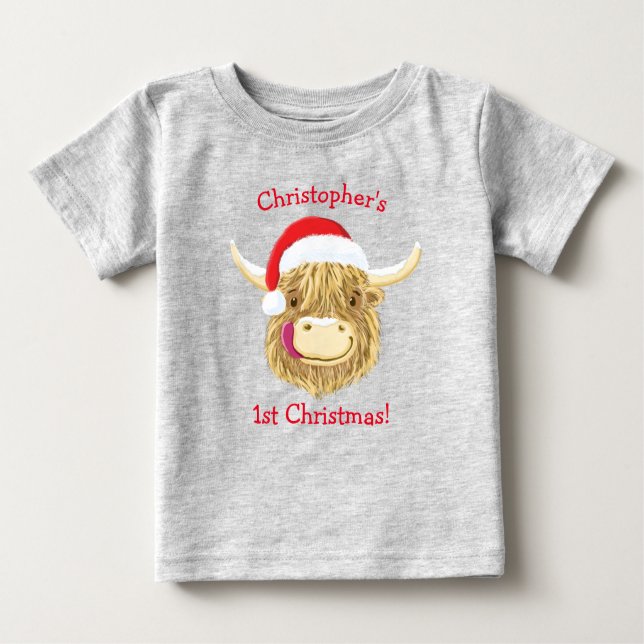 Personalised Hamish Highland Cow First Christmas Baby T-Shirt (Front)