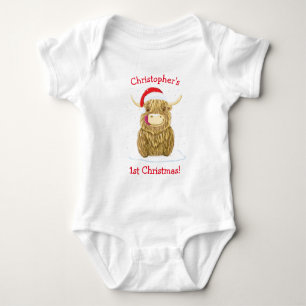 Personalised Hamish Highland Cow In The Snow Baby Bodysuit