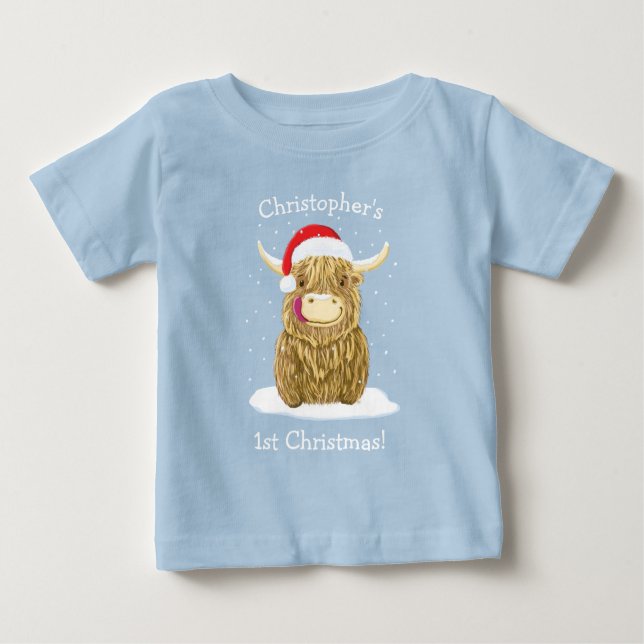 Personalised Hamish Highland Cow In The Snow Baby T-Shirt (Front)
