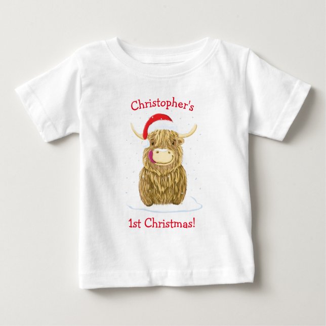 Personalised Hamish Highland Cow In The Snow Baby T-Shirt (Front)