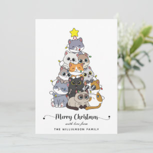 Personalised Hand Drawan Cat Christmas Tree Holiday Card