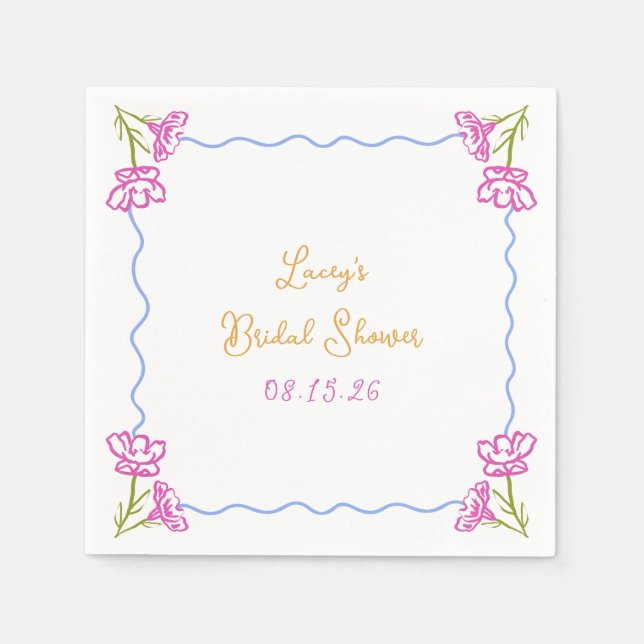Personalised Hand Drawn Chic Floral Bridal Shower Napkin (Front)