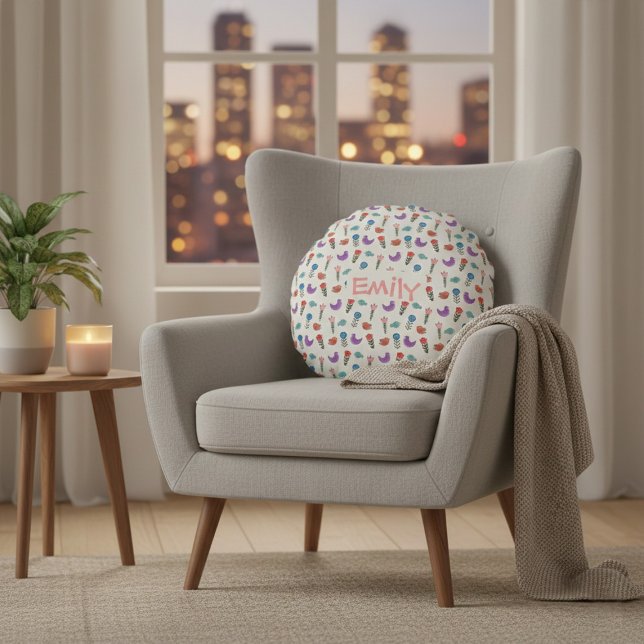 Personalised Hand-Drawn Folk Art Floral  Round Cushion (Creator Uploaded)