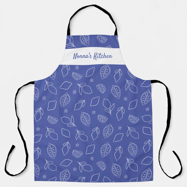 Personalised Hand Drawn Italian Lemons Blue Apron (Front)