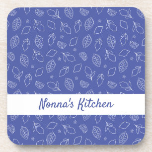 Personalised Hand Drawn Italian Lemons Blue Coaster