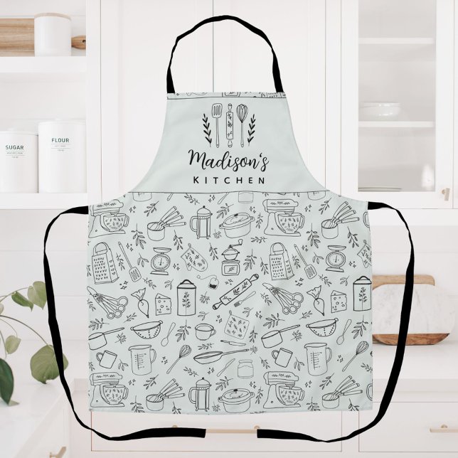 Personalised Hand Drawn Kitchen Cooking Utensils Apron (In situ)