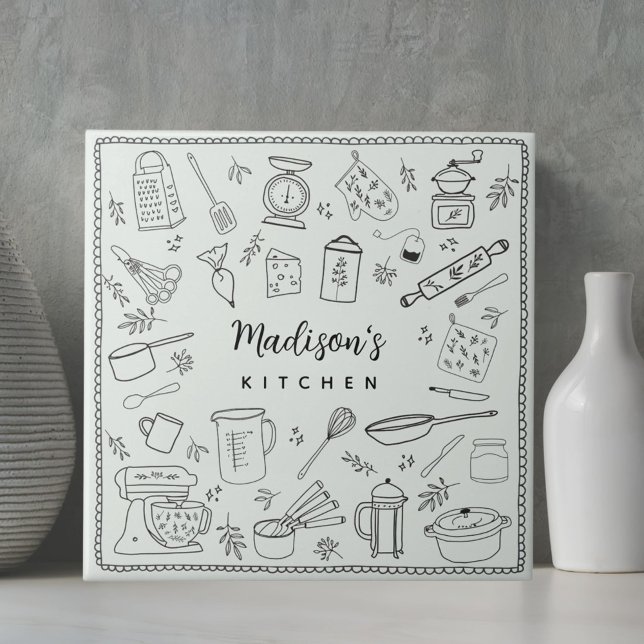 Personalised Hand Drawn Kitchen Cooking Utensils  Ceramic Tile (In situ)