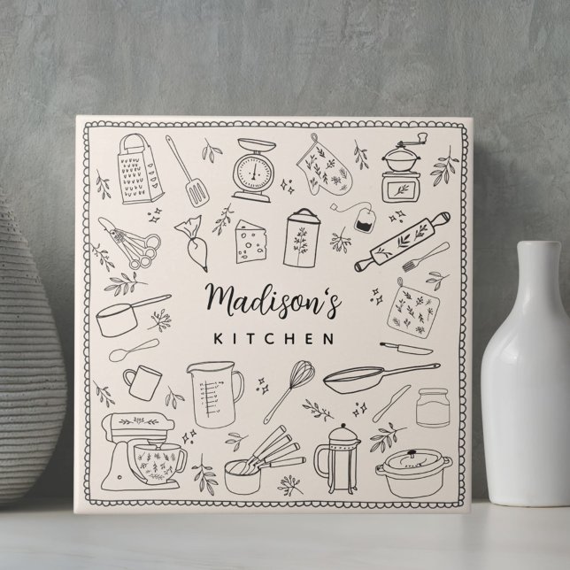Personalised Hand Drawn Kitchen Cooking Utensils  Ceramic Tile (In situ)