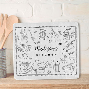 Personalised Hand Drawn Kitchen Cooking Utensils  Cutting Board