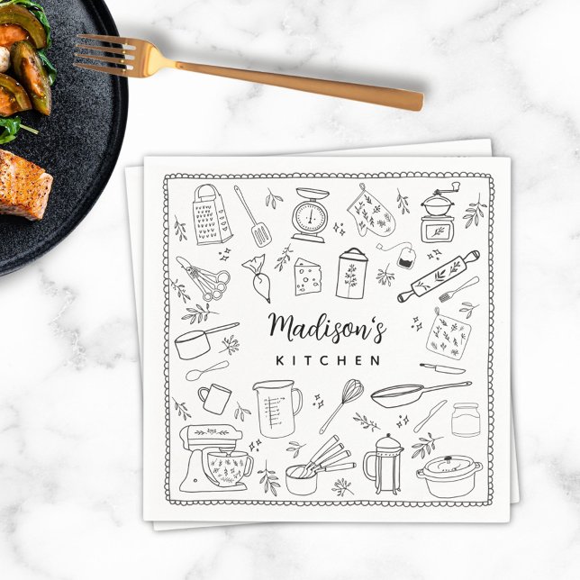 Personalised Hand Drawn Kitchen Cooking Utensils Napkin (In situ)