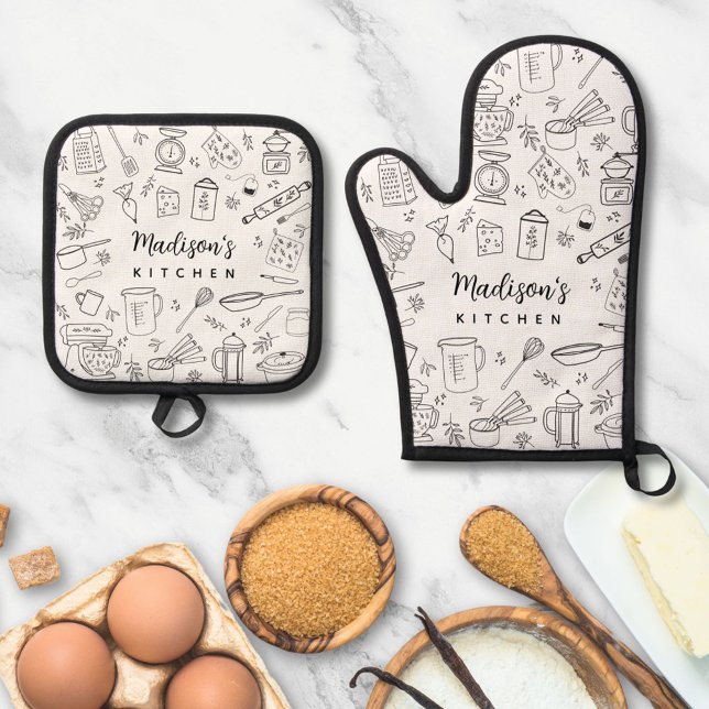 Personalised Hand Drawn Kitchen Cooking Utensils  Oven Mitt & Pot Holder Set (In situ)