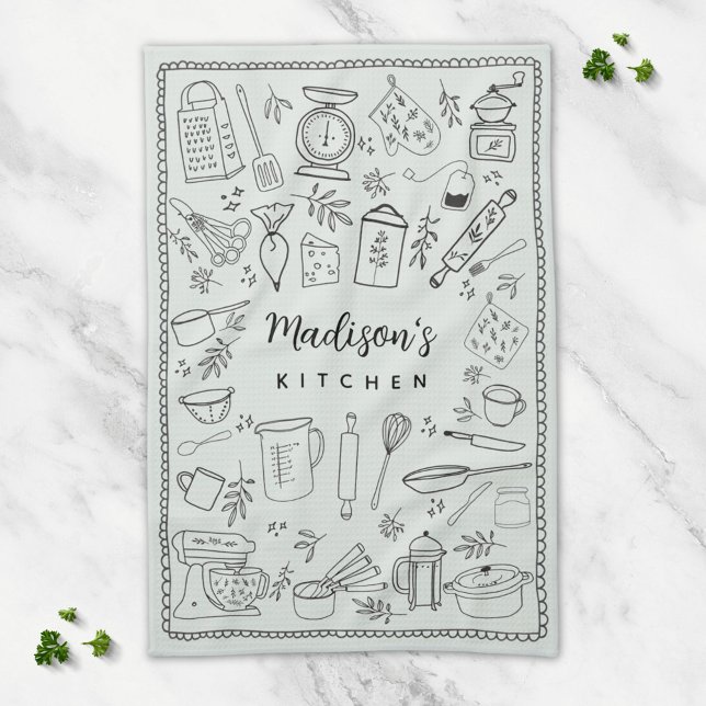 Personalised Hand Drawn Kitchen Cooking Utensils  Tea Towel (In situ)