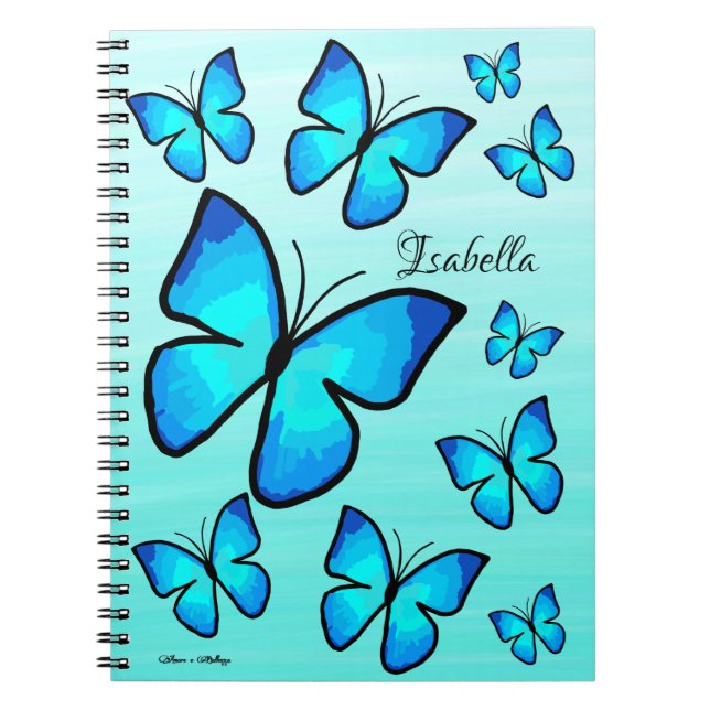 Personalised Hand-painted Blue Butterflies Ombre Notebook (Front)