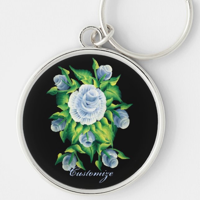 Personalised Hand Painted Blue Roses Key Chain 2 (Front)