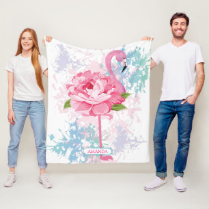 Personalised Hand painted Pink flamingo Fleece Blanket