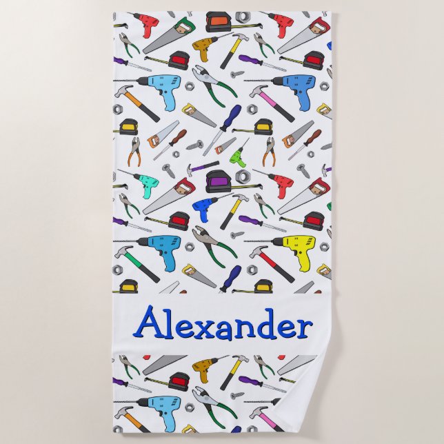 Personalised Hand Tools and Hardware Pattern Beach Towel (Front)