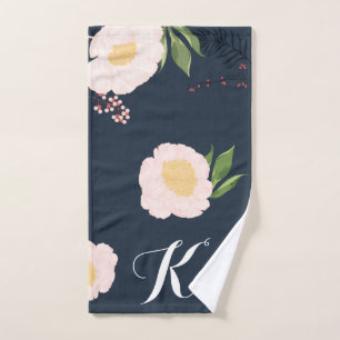 Personalised Hand Towel Baby Pink Cosmos on Navy