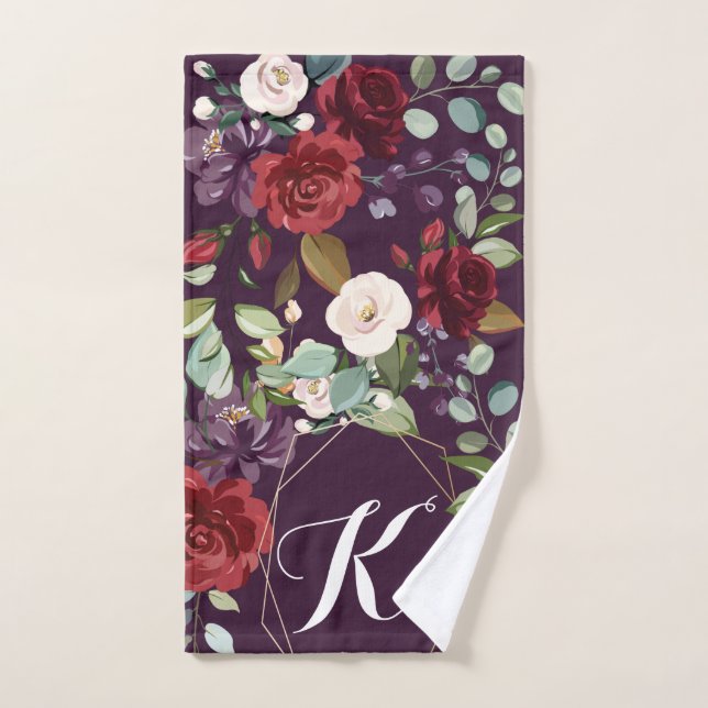 Personalised Hand Towel Plum Purple Roses Gold Geo (Hand Towel)